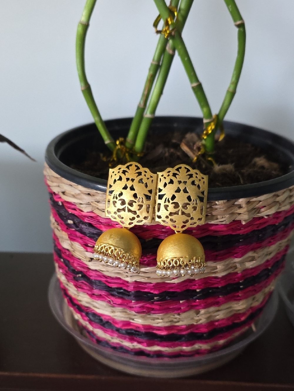 Gold Filigree Jhumka Earrings with Pearled Fringe - Women Jewelry